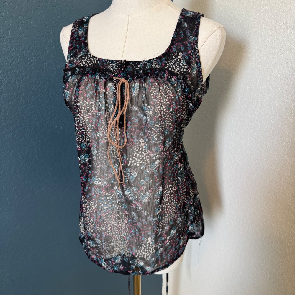 Y2K Boho Fairycore Mossimo Sheer Floral Tank Top Small Black